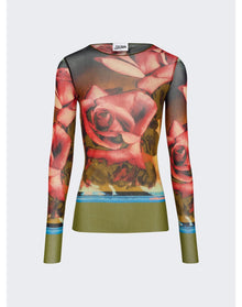 Jean Paul Gaultier | Women | Rose Printed Mesh Long Sleeve Top | Red x Green