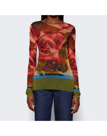 Jean Paul Gaultier | Women | Rose Printed Mesh Long Sleeve Top | Red x Green