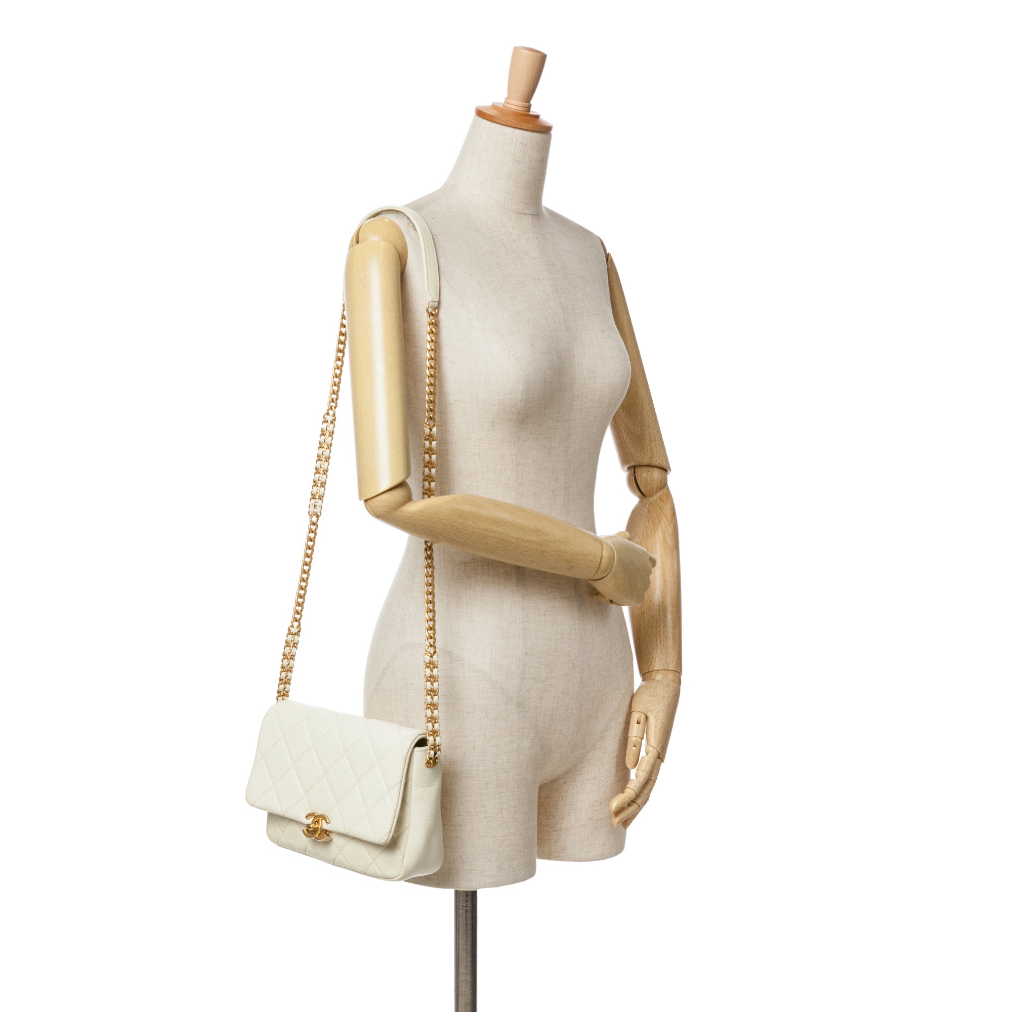 Chanel | Pre-Owned Small Quilted Caviar Chain Melody Flap - II | White/Ivory