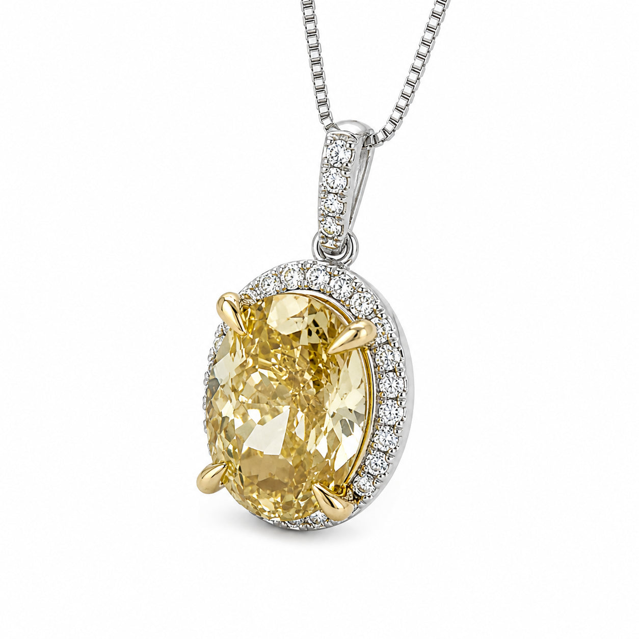 Womens | Halo Solitaire Pendant Necklace | 14K Two Tone Gold | 5.25 CTW Oval Cut Lab Grown Diamond | Yellow-VS1