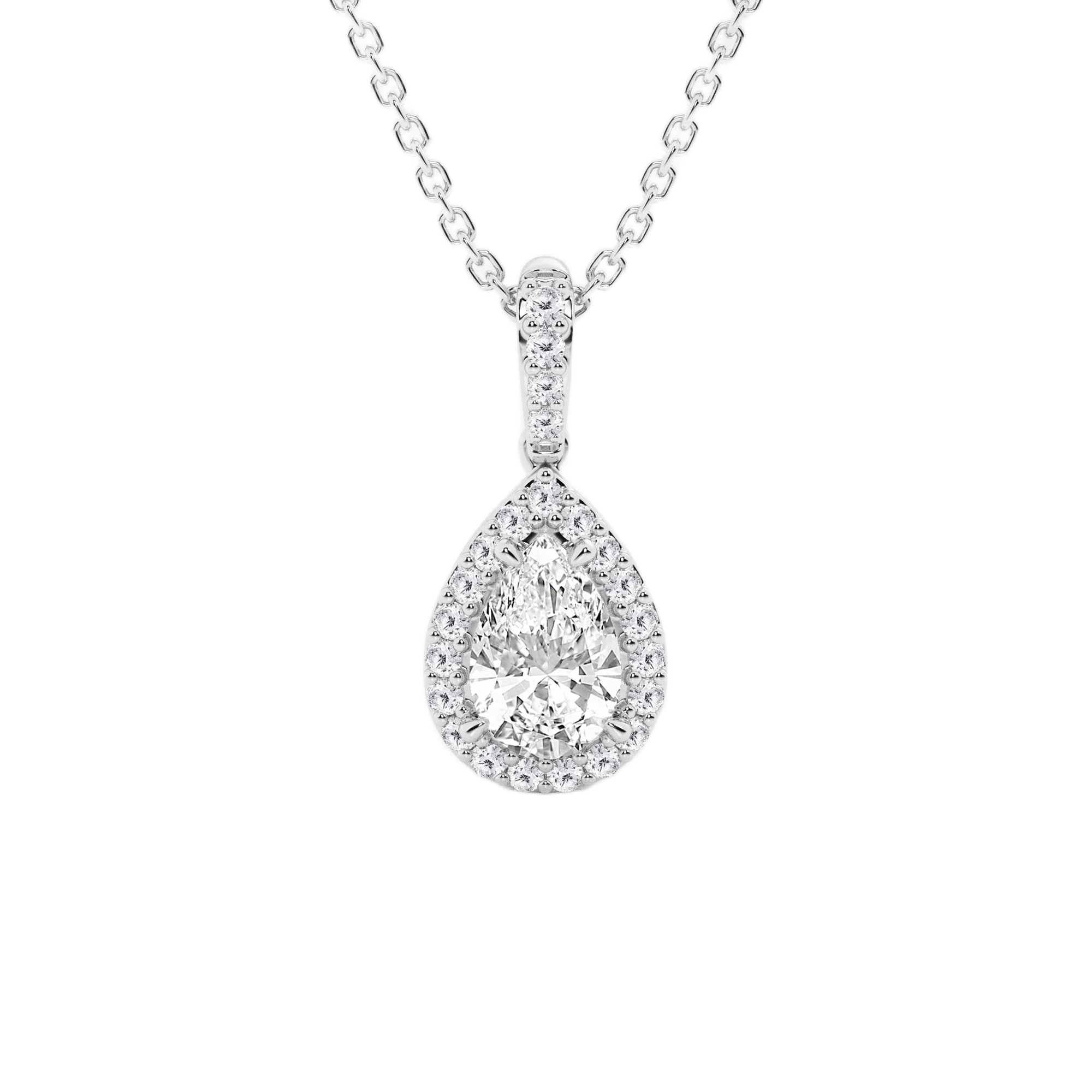 Womens | Halo Solitaire Pendant Necklace | 14K White Gold | 0.75 CTW Pear Cut Lab Grown Diamond | F-VS2