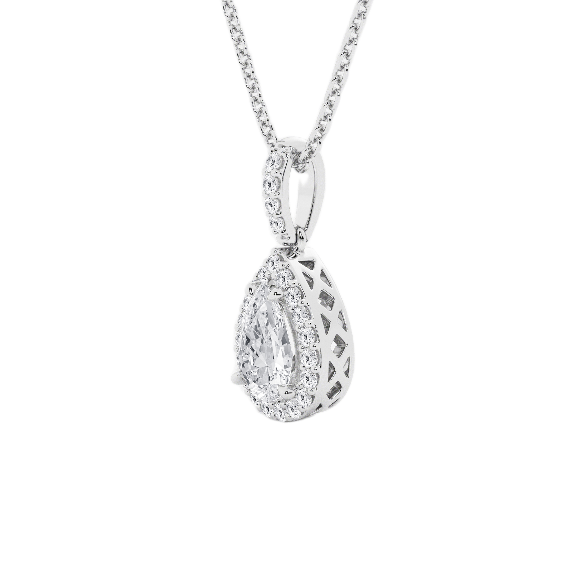 Womens | Halo Solitaire Pendant Necklace | 14K White Gold | 0.75 CTW Pear Cut Lab Grown Diamond | F-VS2