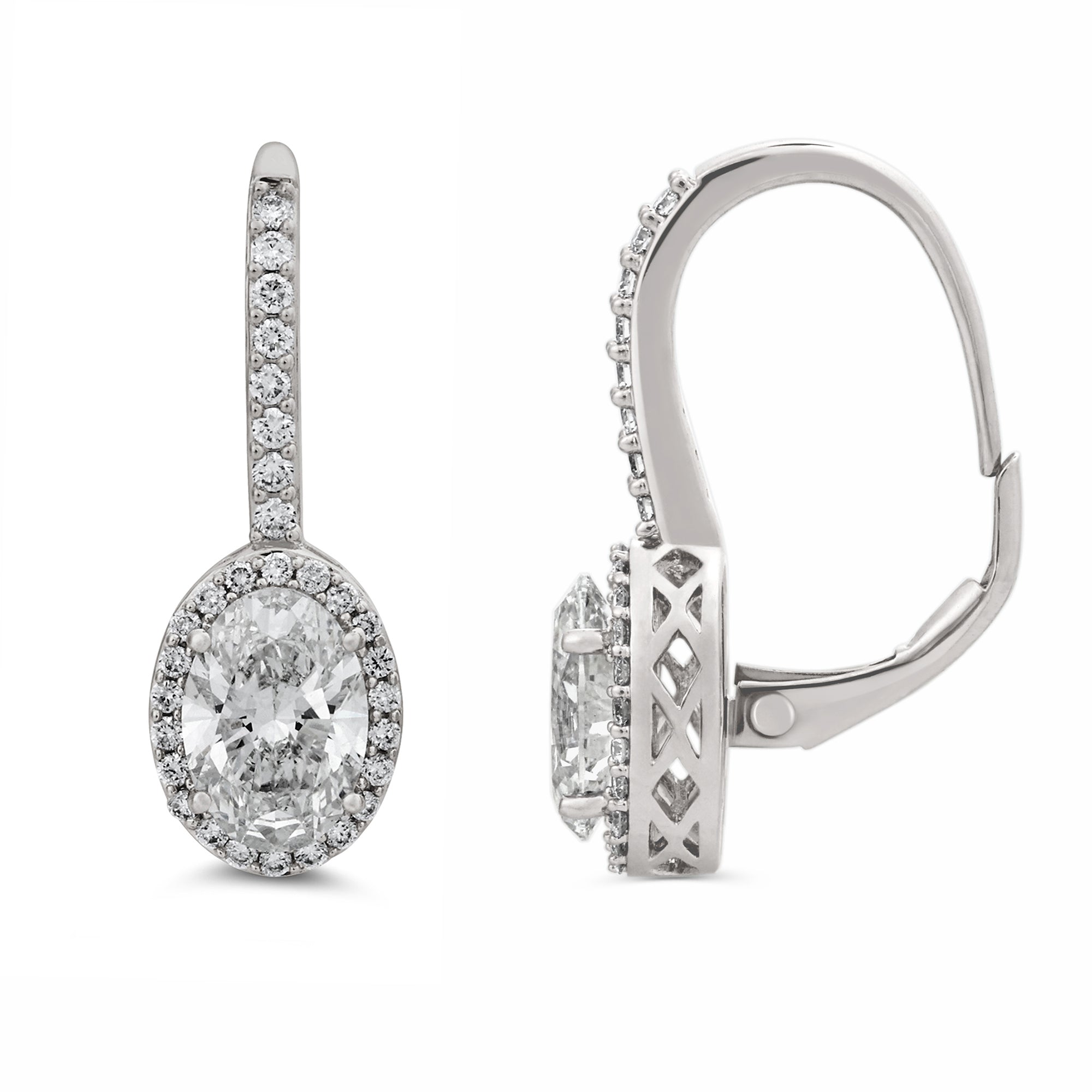 Womens | Halo Leverback Hoop Earrings | 14K White Gold | 2.40 CTW Oval Cut Lab Grown Diamond | F-VS
