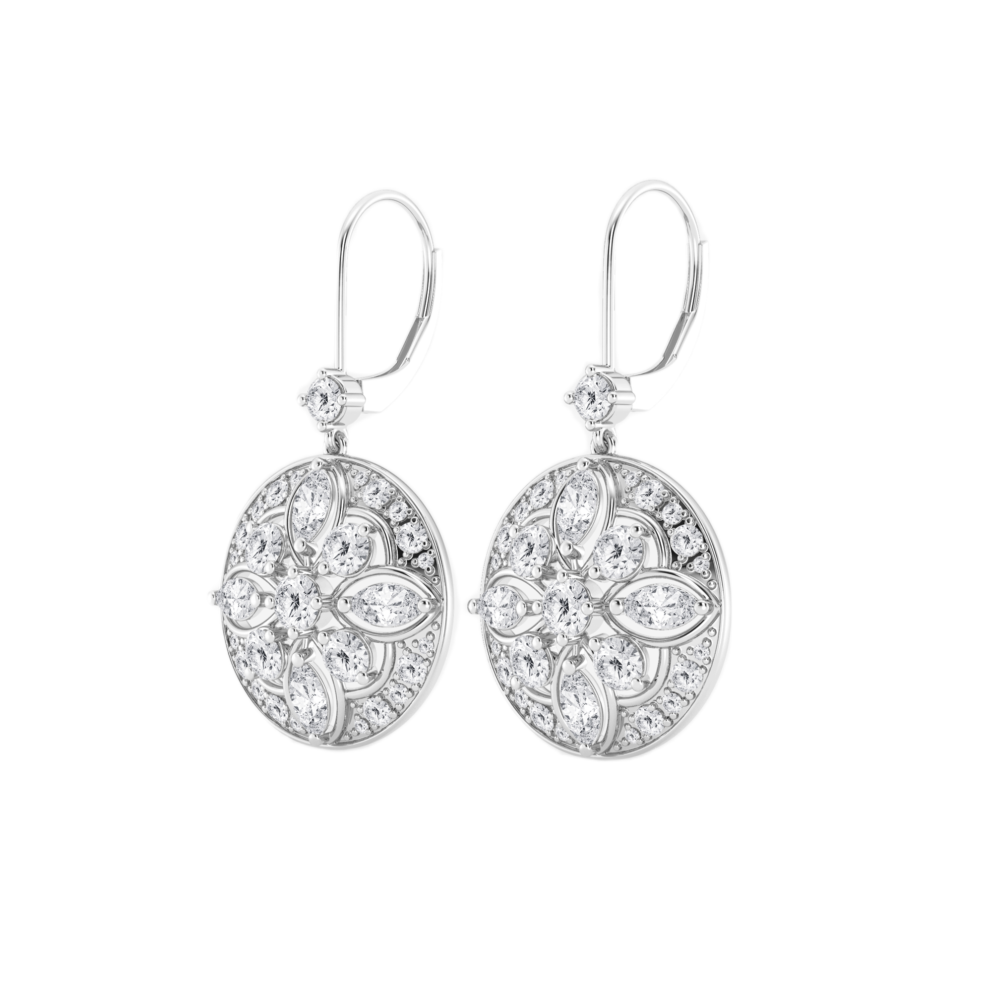Womens | Halo Leverback Drop Earrings | 14K White Gold | 2.50 CTW Round Cut Lab Grown Diamond | E-VS1