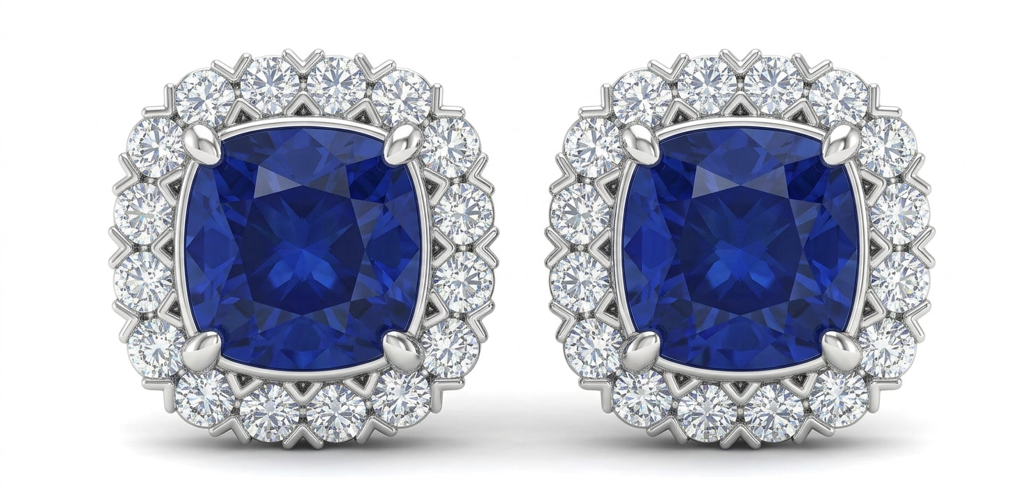 Womens | Halo Stud Earring | 14K White Gold | 2.75 CTW Cushion Cut Lab Grown Diamond | Blue-VS1