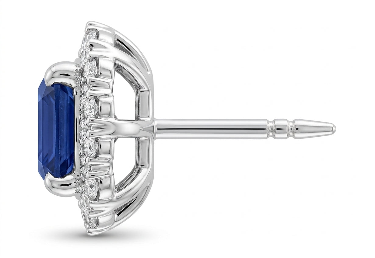 Womens | Halo Stud Earring | 14K White Gold | 2.75 CTW Cushion Cut Lab Grown Diamond | Blue-VS1