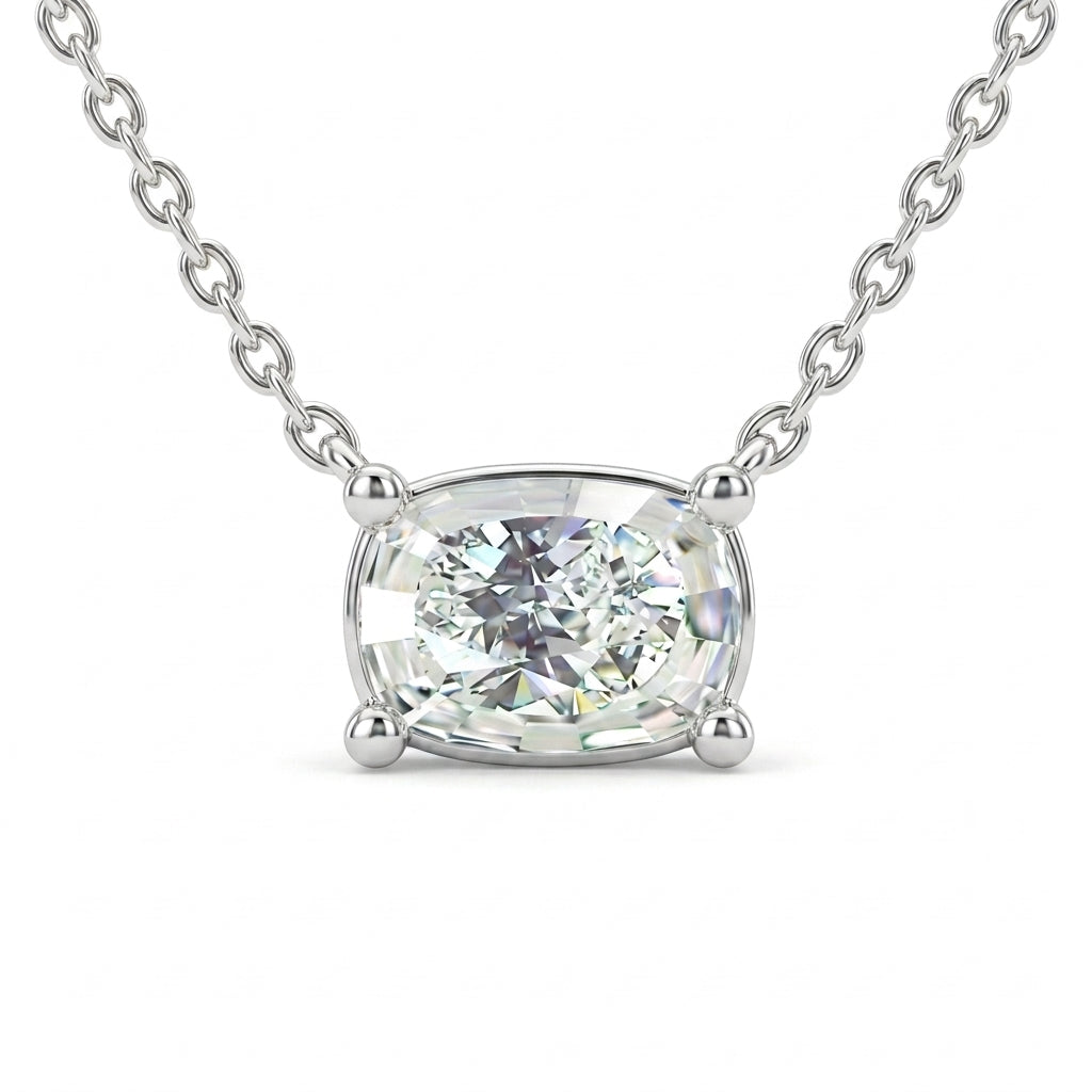 Womens | Solitaire Pendant Necklace | 14K White Gold | 0.7 CTW LongCushion Cut Lab Grown Diamond | F-VS