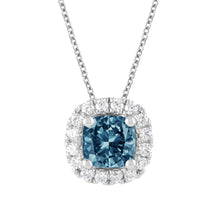 Womens | Halo Solitaire Pendant Necklace | 14K White Gold | 1.25 CTW Cushion Cut Lab Grown Diamond | Blue-VS1