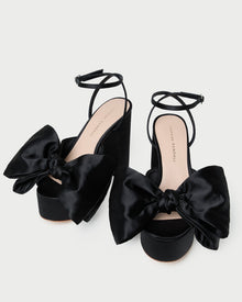Kiki Black Satin Platform Sandal in black satin.