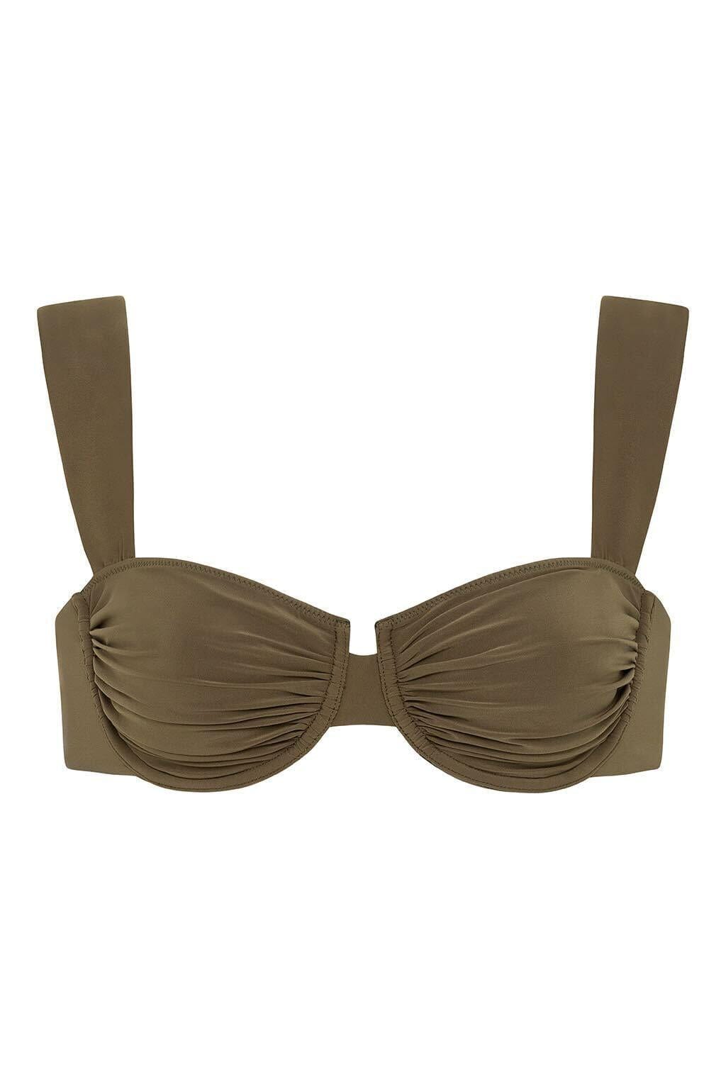 Khaki bikini top with ruched cups and straight shoulder straps.