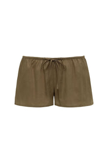 Khaki shorts with elastic waistband and drawstring closure.