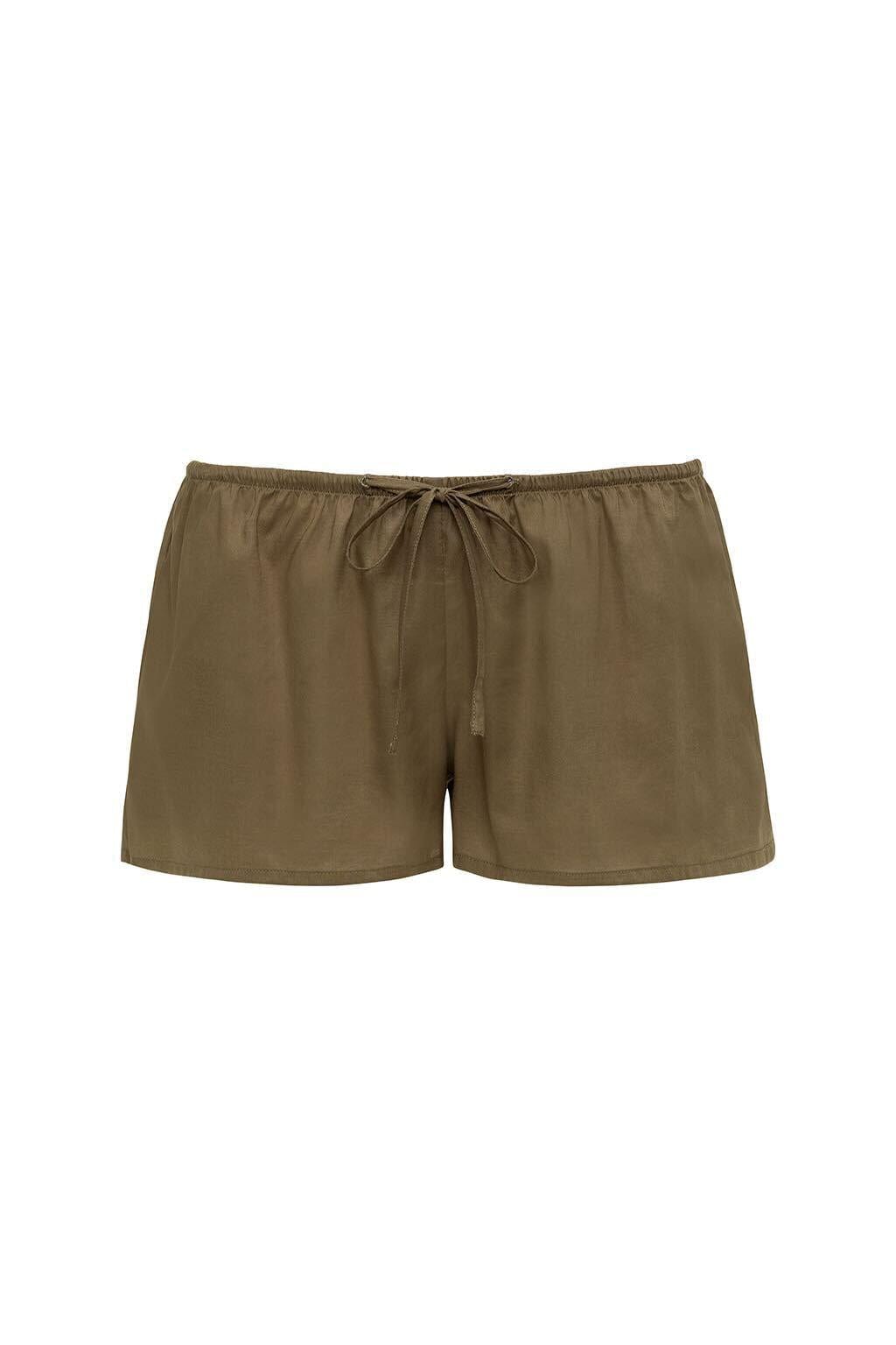 Khaki shorts with elastic waistband and drawstring closure.