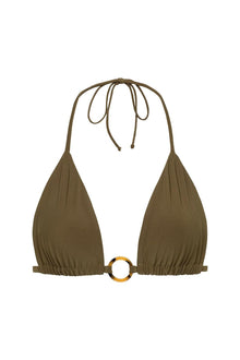 Khaki triangle bikini top with ruched cups, tori loop center ring, and adjustable tie neck straps.