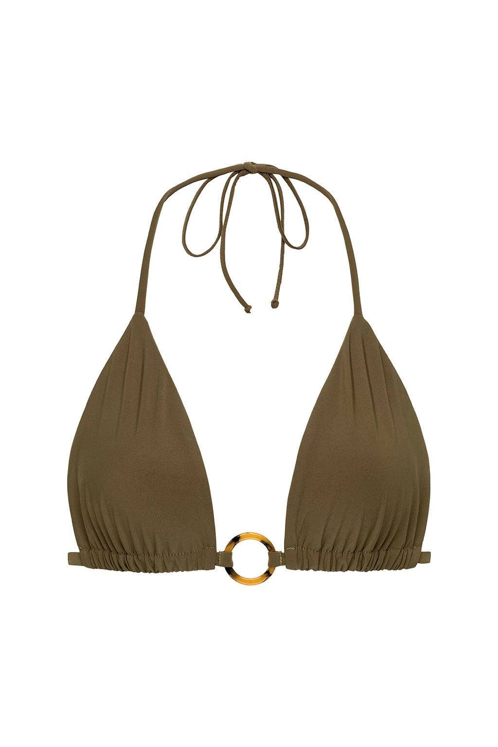 Khaki triangle bikini top with ruched cups, tori loop center ring, and adjustable tie neck straps.