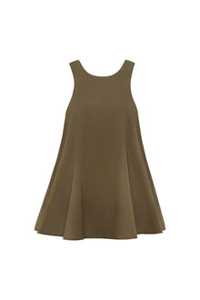 Khaki sleeveless A-line dress with round neckline and full skirt.