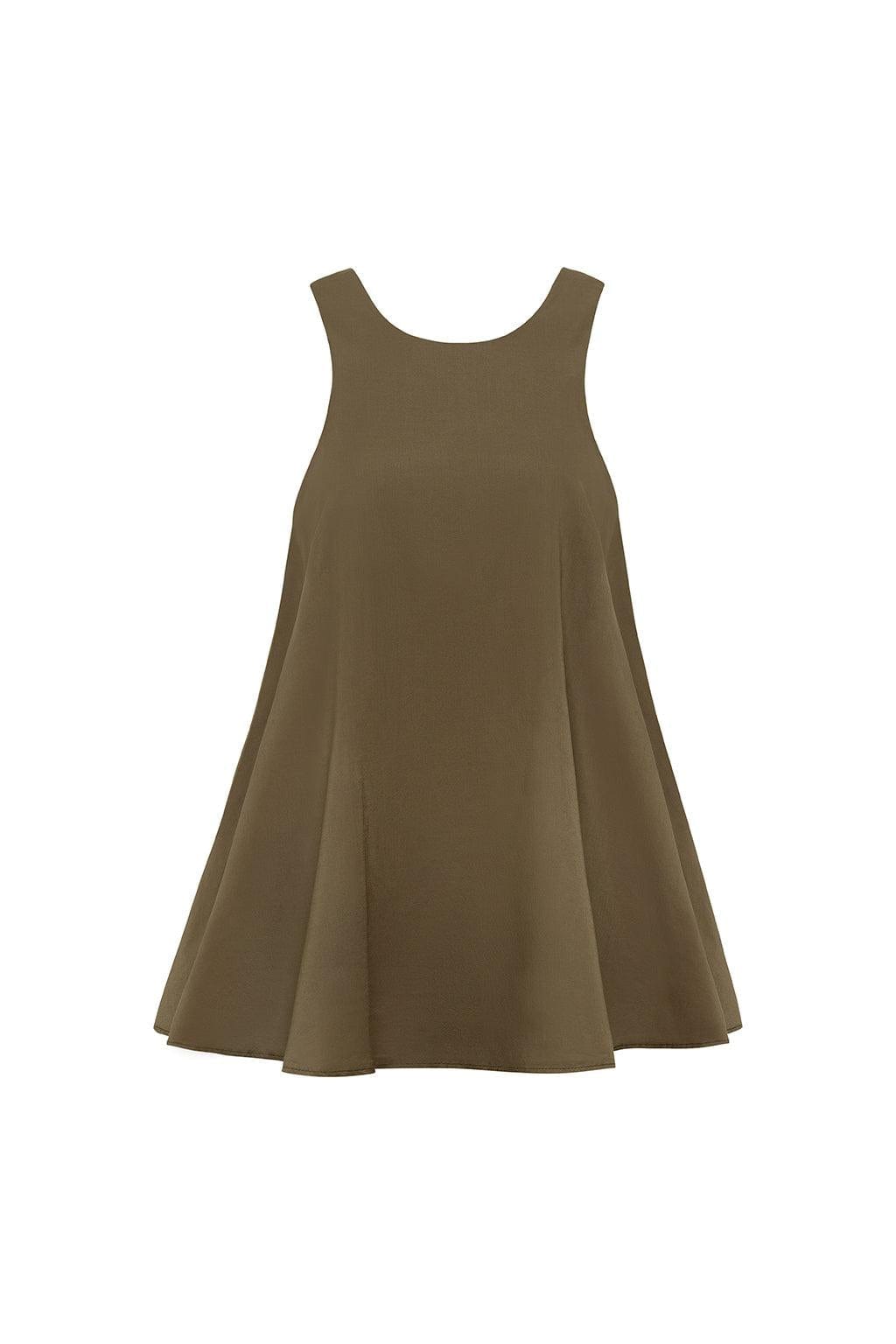 Khaki sleeveless A-line dress with round neckline and full skirt.