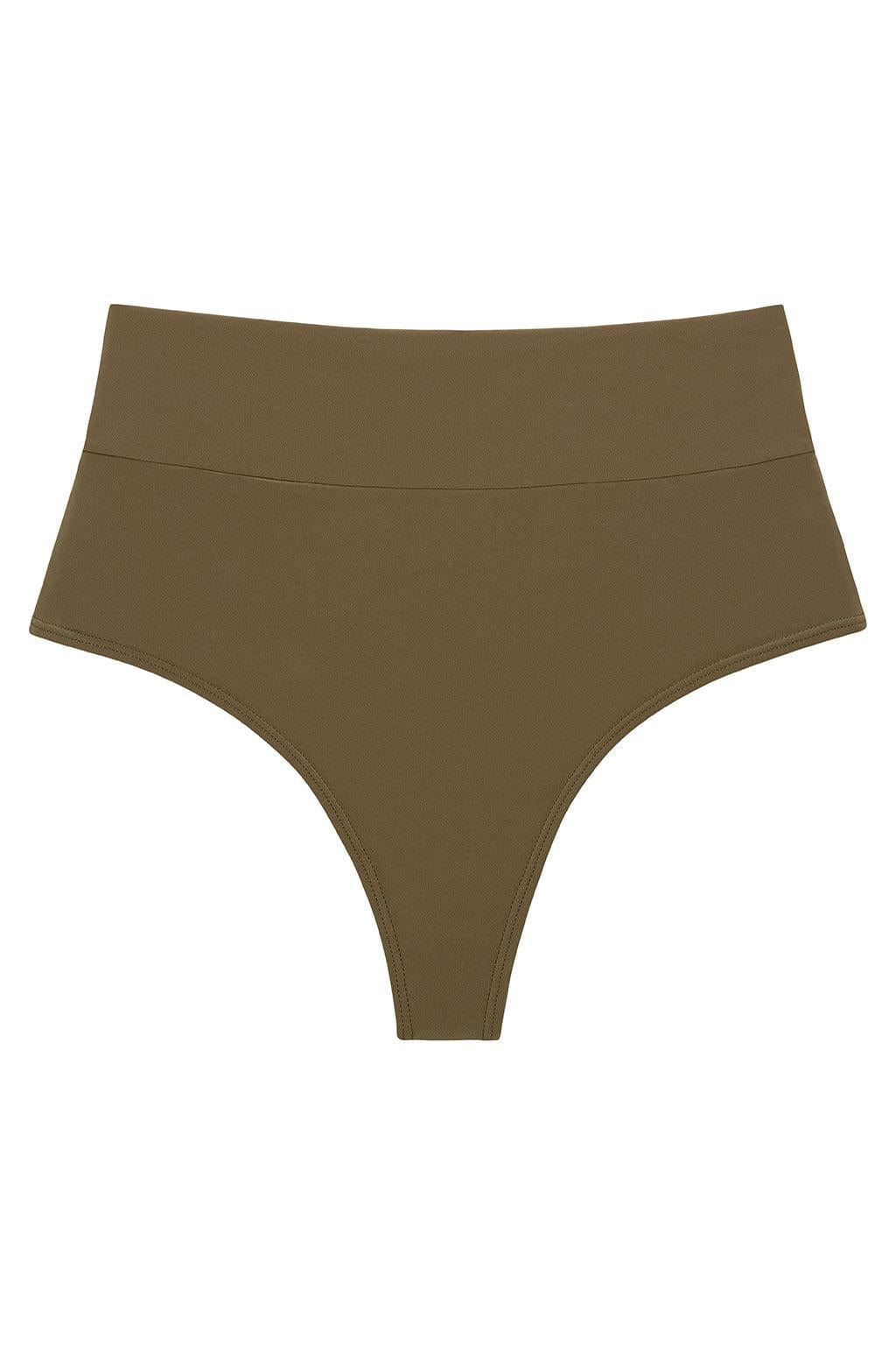 Khaki high-rise bikini bottom with full coverage and a wide waistband.