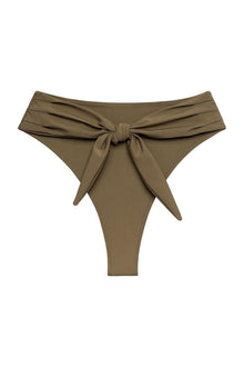 Khaki bikini bottom with wide waistband and tied bow detail at center front.