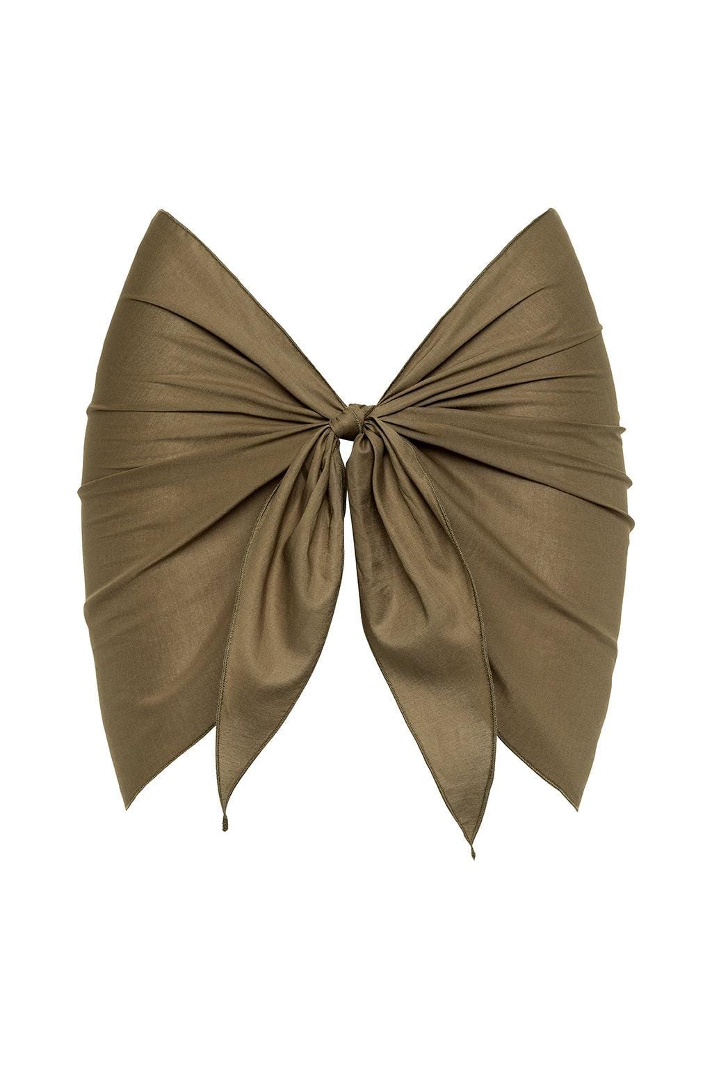 Khaki sarong tied at center with draped pointed panels on either side.