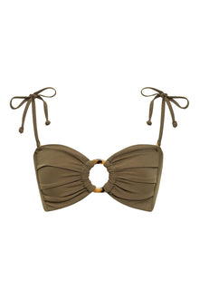 Khaki bandeau bikini top with ruched cups, tortoiseshell ring detail, and adjustable tie straps.
