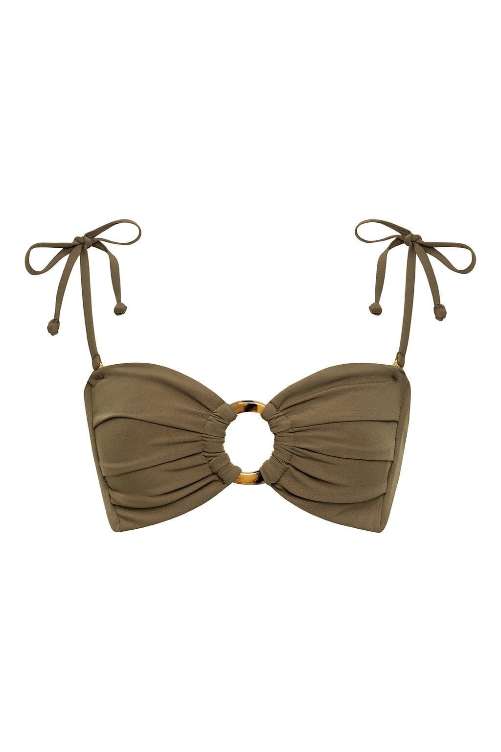 Khaki bandeau bikini top with ruched cups, tortoiseshell ring detail, and adjustable tie straps.
