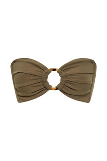 Khaki bandeau bikini top with gathered fabric panels and tortoiseshell ring detail at center.