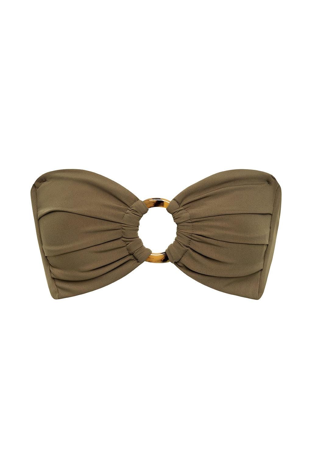 Khaki bandeau bikini top with gathered fabric panels and tortoiseshell ring detail at center.