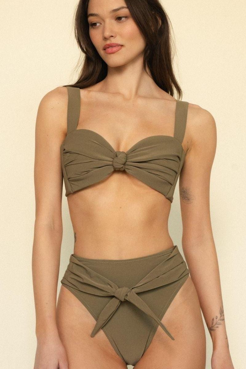 Khaki bikini bottom with tie-up side straps and gathered front detail.