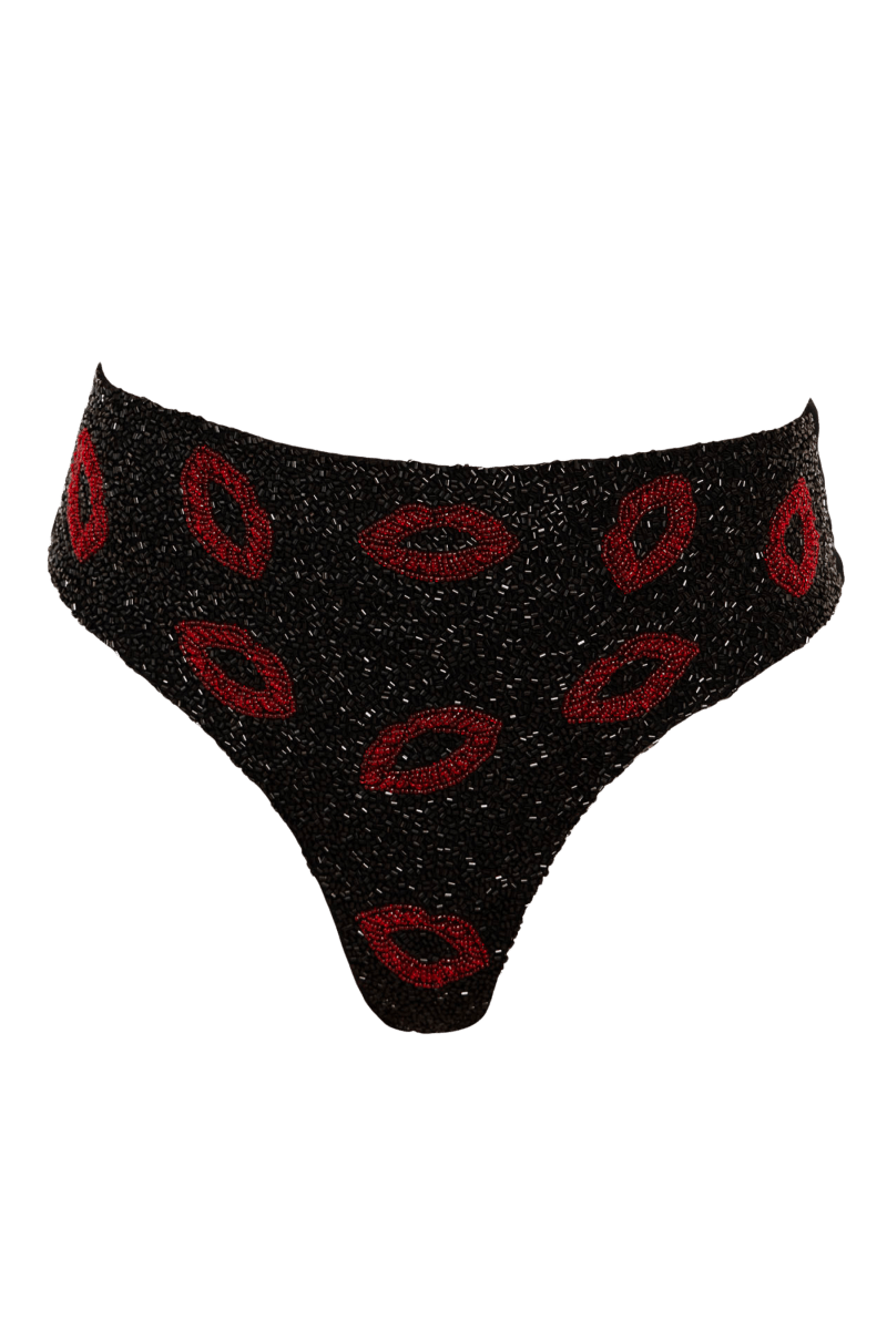 Kiss Hand - Beaded Embellished High - waisted Bikini Bottom - Black - Self - Adore