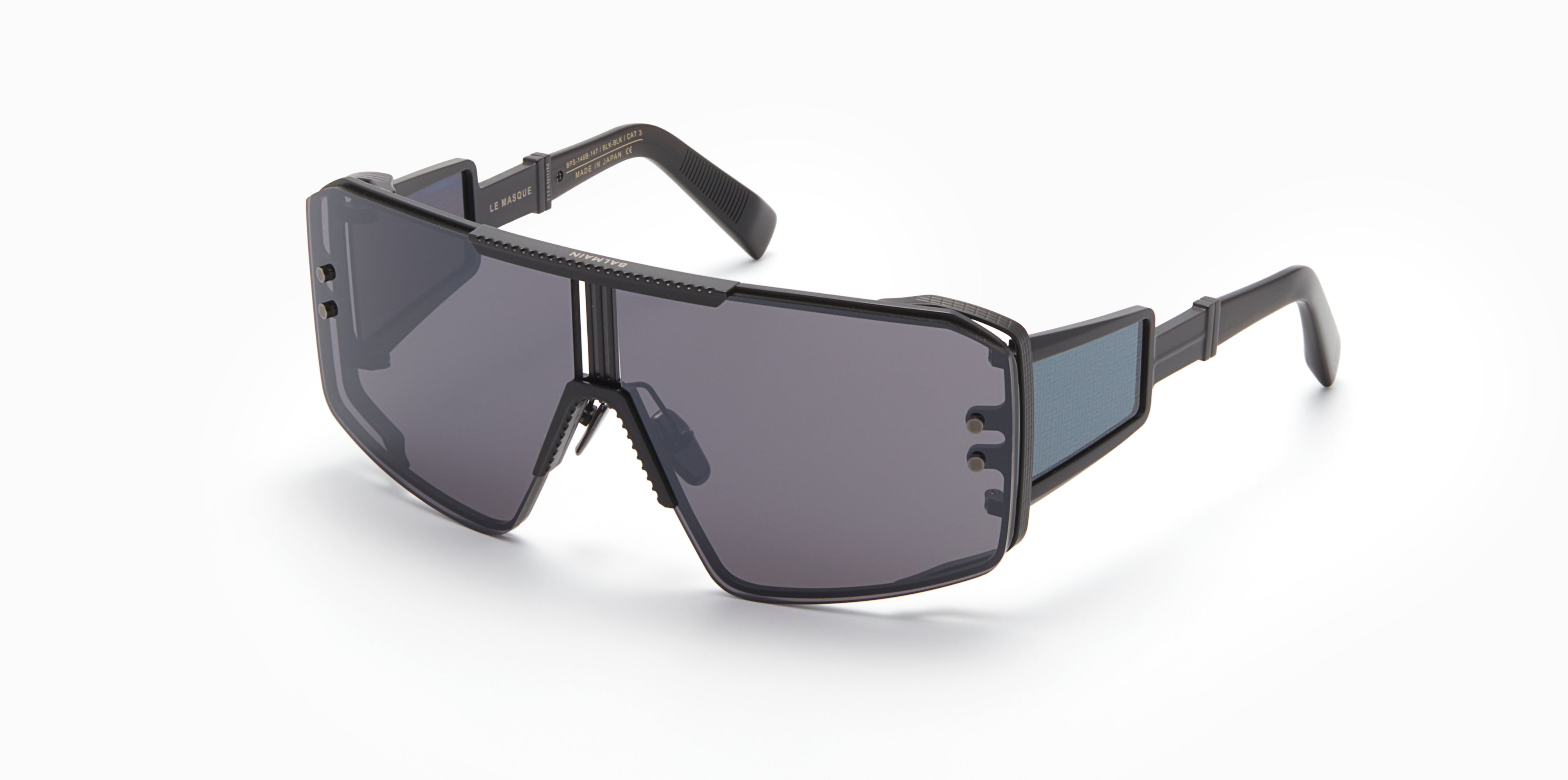 Unisex | Le Masque Sunglass | Matte Black - Black Crystal - Side Lens w /PB Pattern | Dark Grey w/ Black Mirror