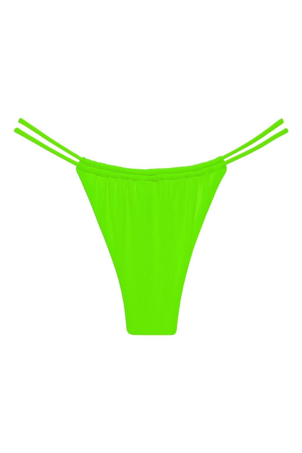 Neon green ribbed bikini bottom with thin adjustable side straps.