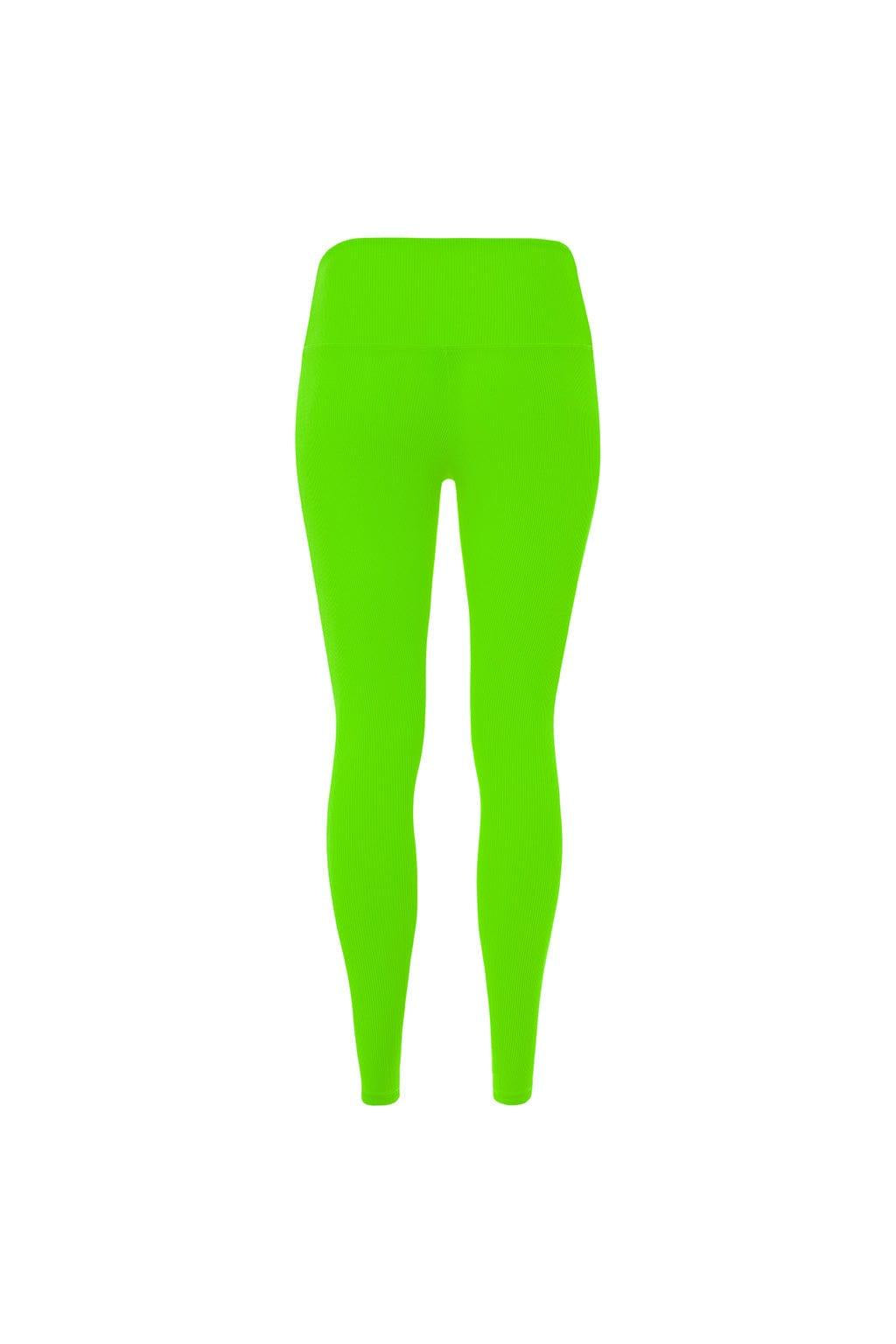 Bright lime green micro rib legging with wide waistband and tapered ankles.