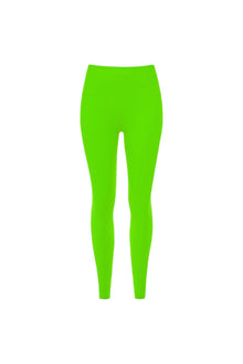 Bright lime green ribbed legging with wide waistband and fitted ankle cuffs.