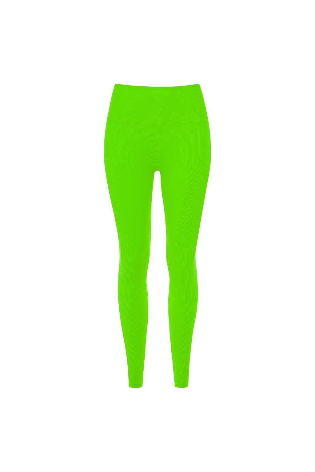 Bright lime green ribbed legging with wide waistband and fitted ankle cuffs.