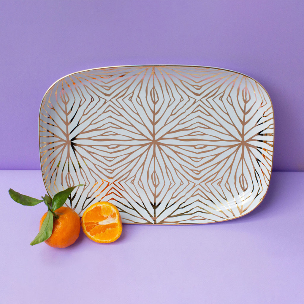 Talianna Lily Pad Serving Platter | White | Ceramic with 24K Gold Details