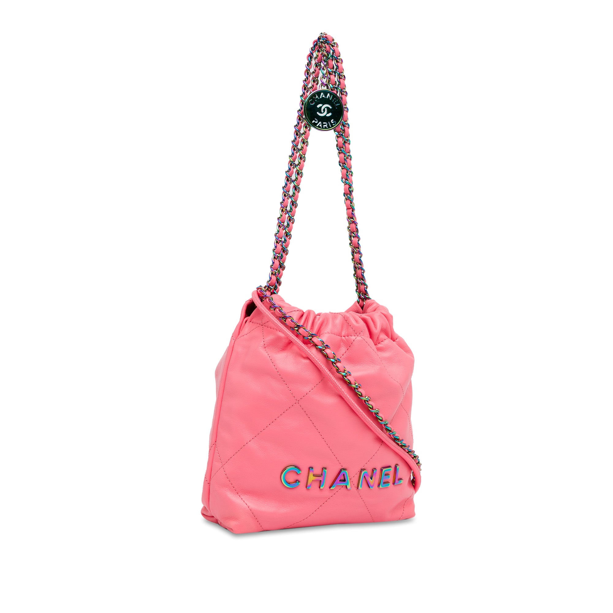 Chanel | Pre-Owned Mini Shiny Calfskin Rainbow Hardware 22 Handbag | Pink
