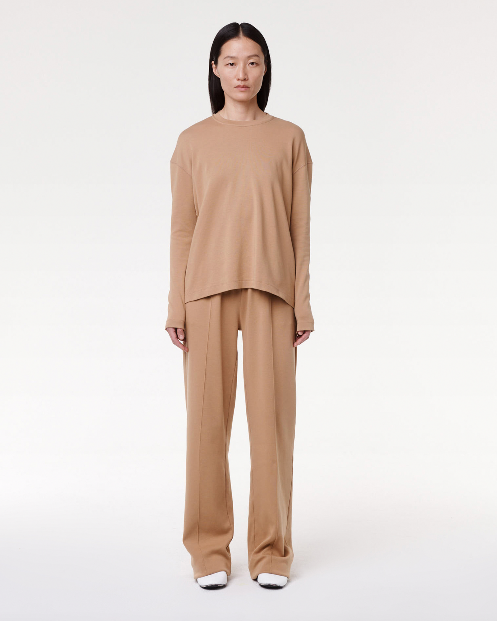 Another Tomorrow Luxe Seamed Long Sleeve in Hazelnut – Cotton