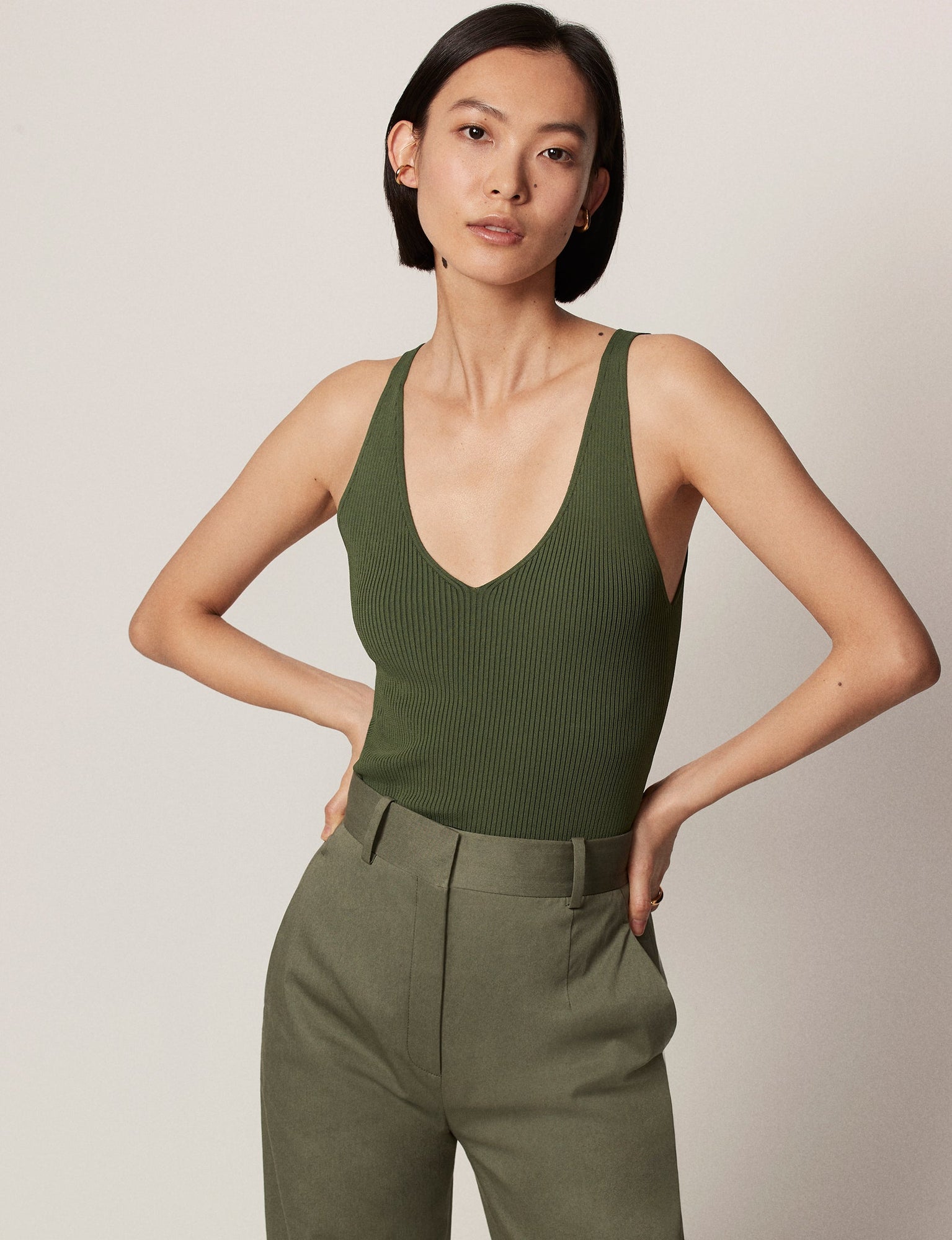 Another Tomorrow Deep V Tank Knit in Olive Green – Viscose Women's Knitwear