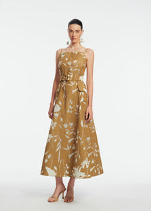 Floral Jacquard Belted Dress | Camel