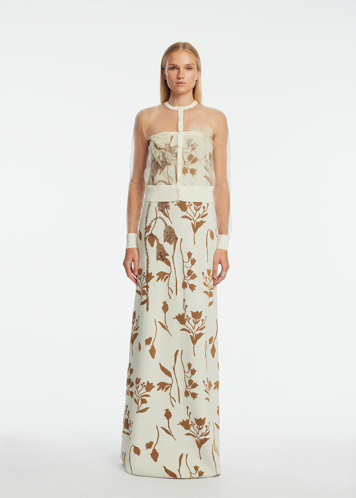 Floral Jacquard Knit Sheer Beaded Cardigan | Cream