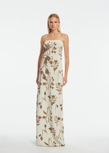 Floral Jacquard Knit Beaded Strapless Dress | Cream/Camel