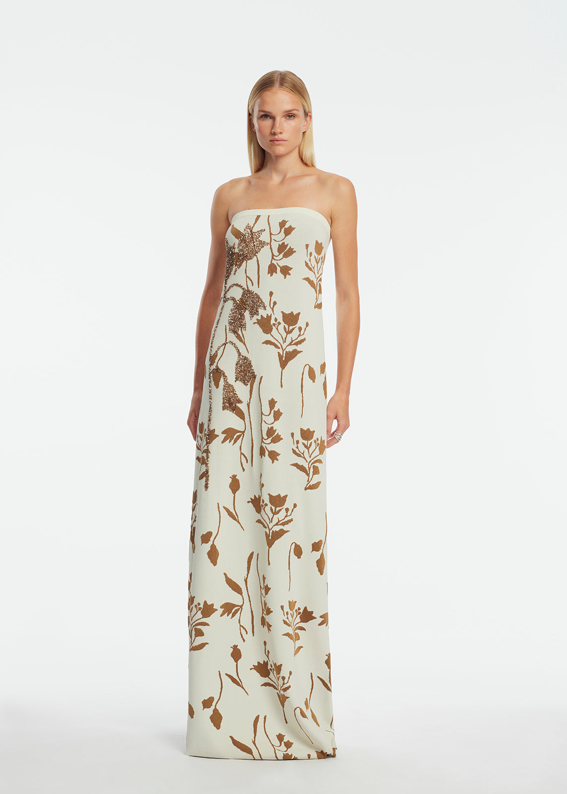 Floral Jacquard Knit Beaded Strapless Dress | Cream/Camel