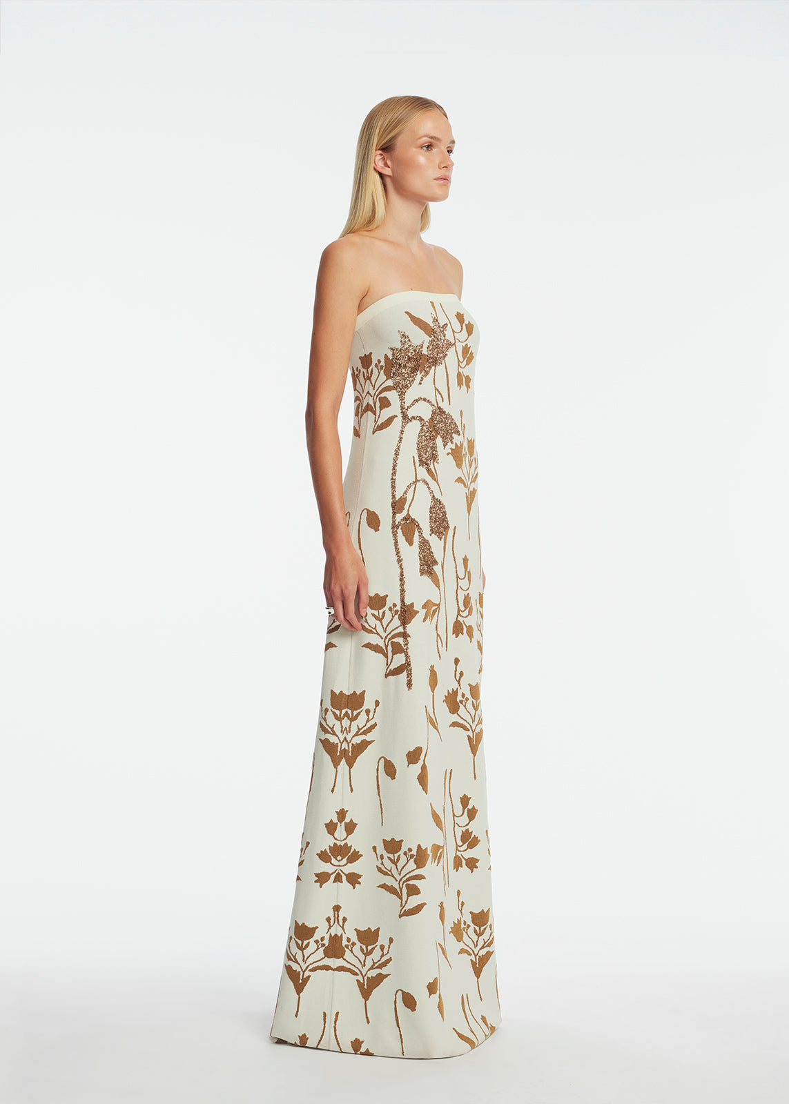 Floral Jacquard Knit Beaded Strapless Dress | Cream/Camel