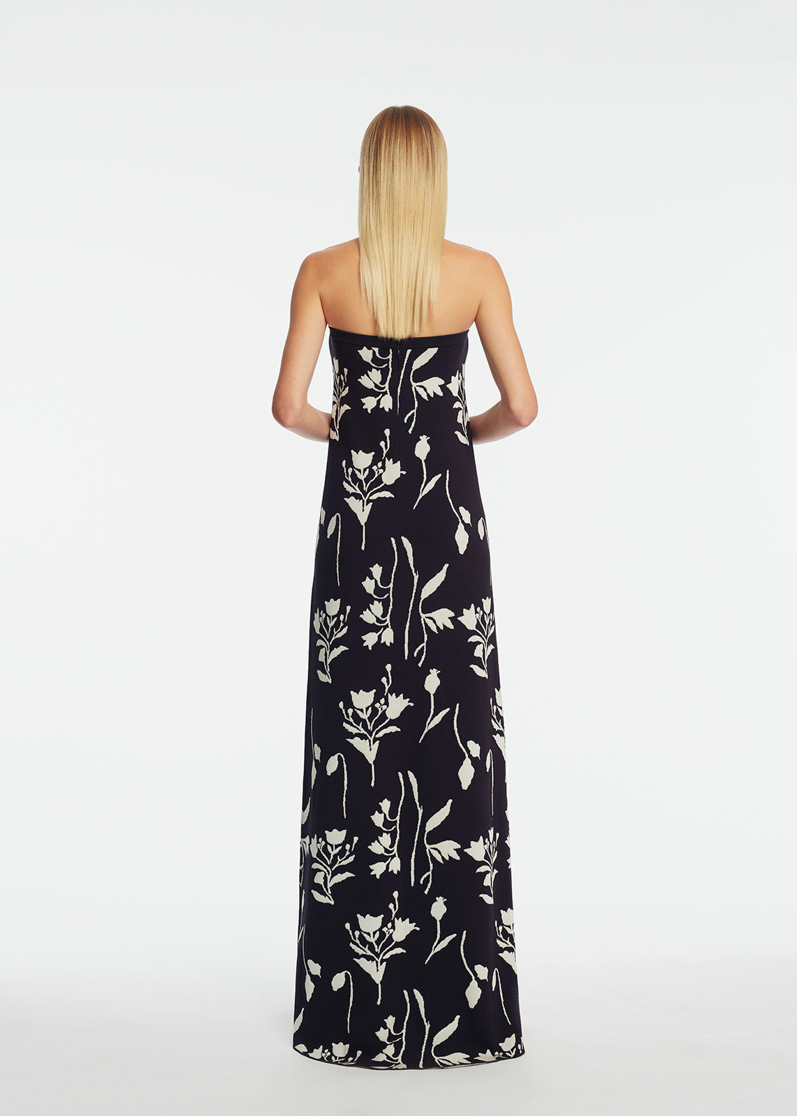 Floral Jacquard Knit Beaded Strapless Dress | Navy/Cream
