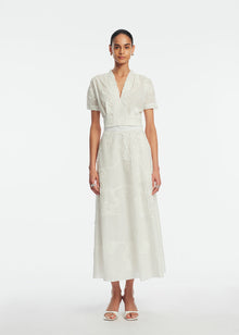Ribbon Embroidered Cotton Full Skirt | White