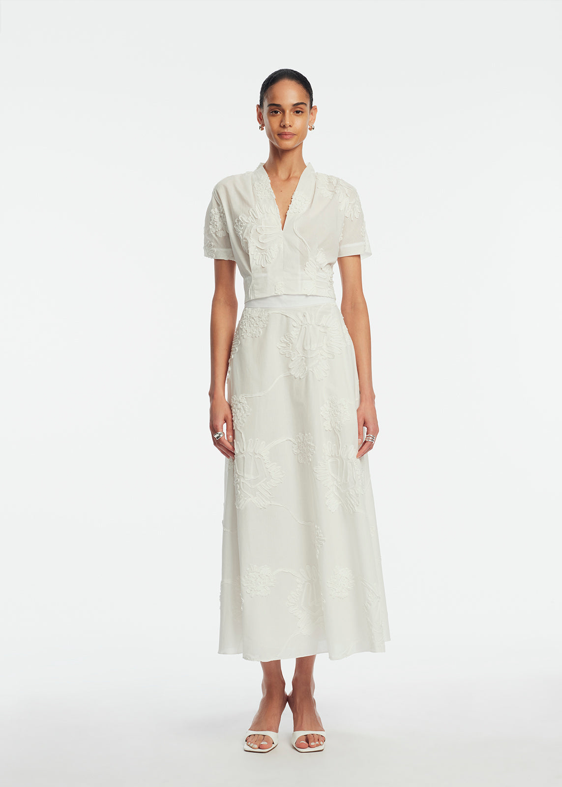 Ribbon Embroidered Cotton V-Neck Top | White