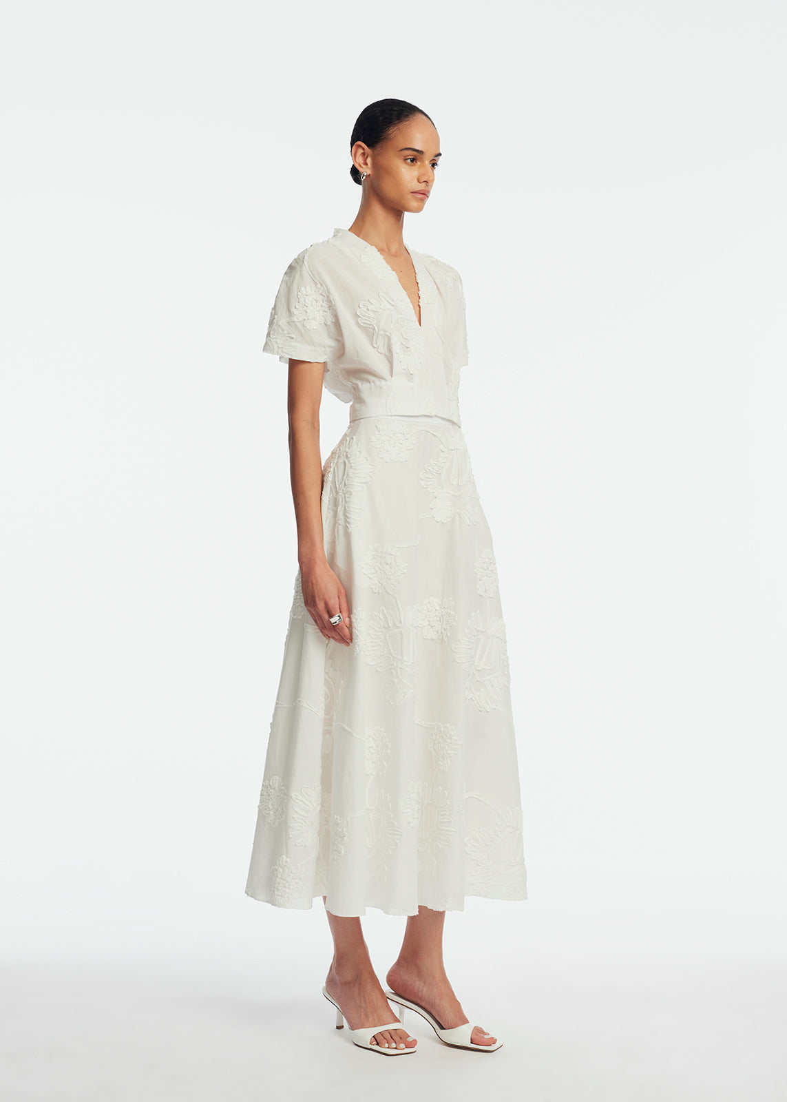 Ribbon Embroidered Cotton Full Skirt | White