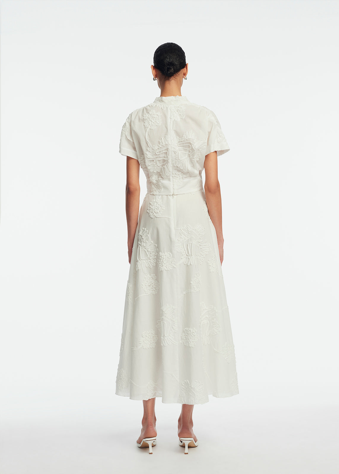 Ribbon Embroidered Cotton Full Skirt | White