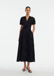 Ribbon Embroidered Cotton Full Skirt | Black