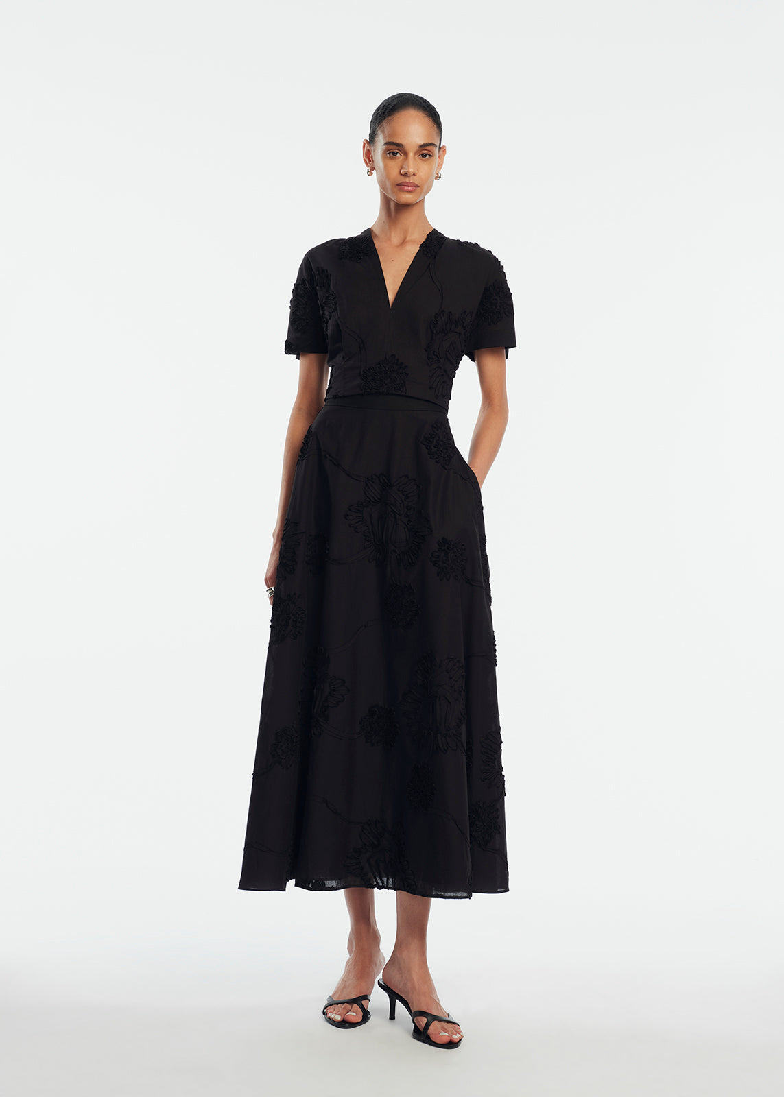 Ribbon Embroidered Cotton Full Skirt | Black